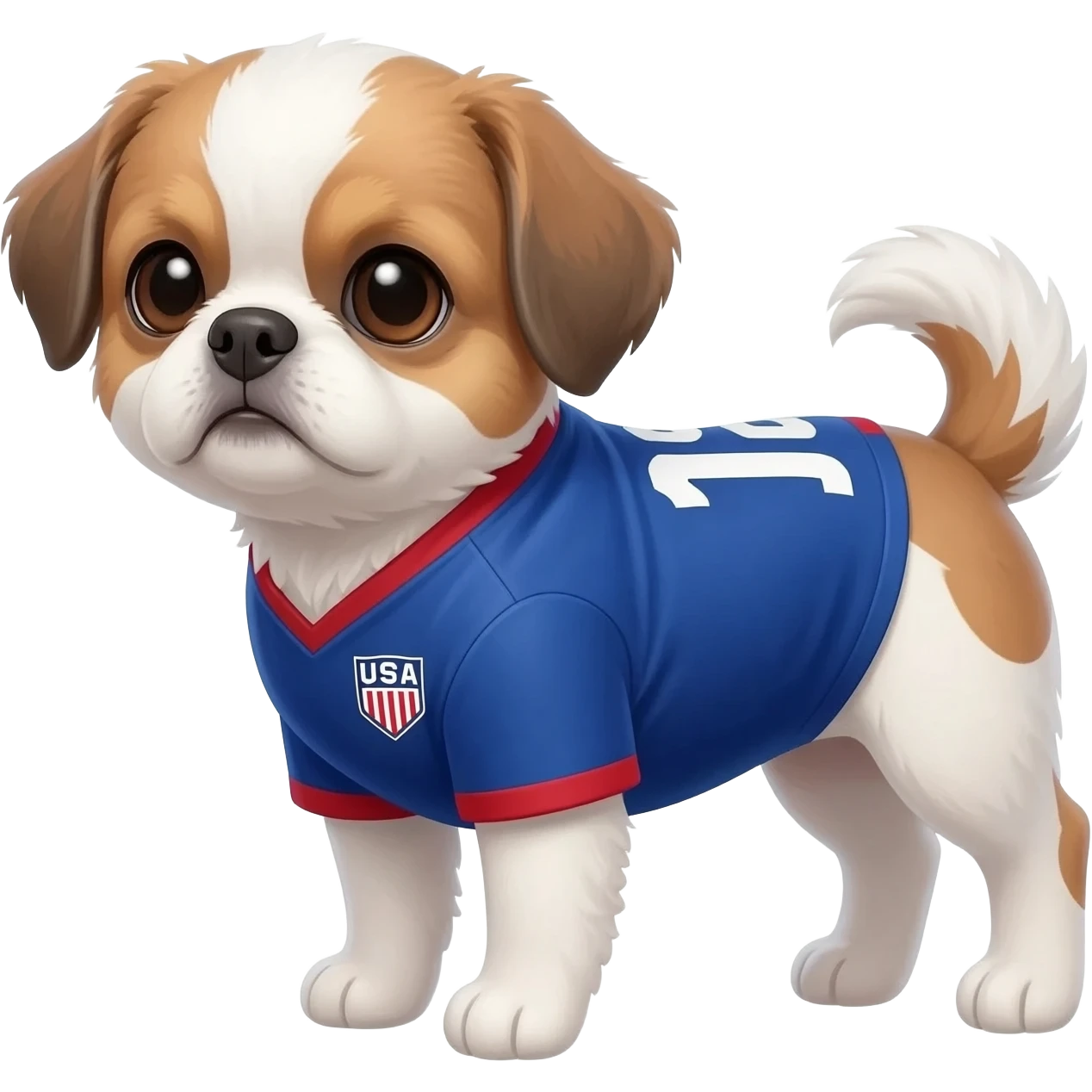 white and light brown shih zhu wearing a USA soccer jersey v neck 2026 work cup emoji