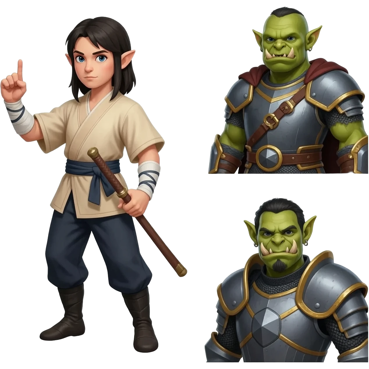 A elf kungfu master, a orc shaman, and a elf paladin emoji