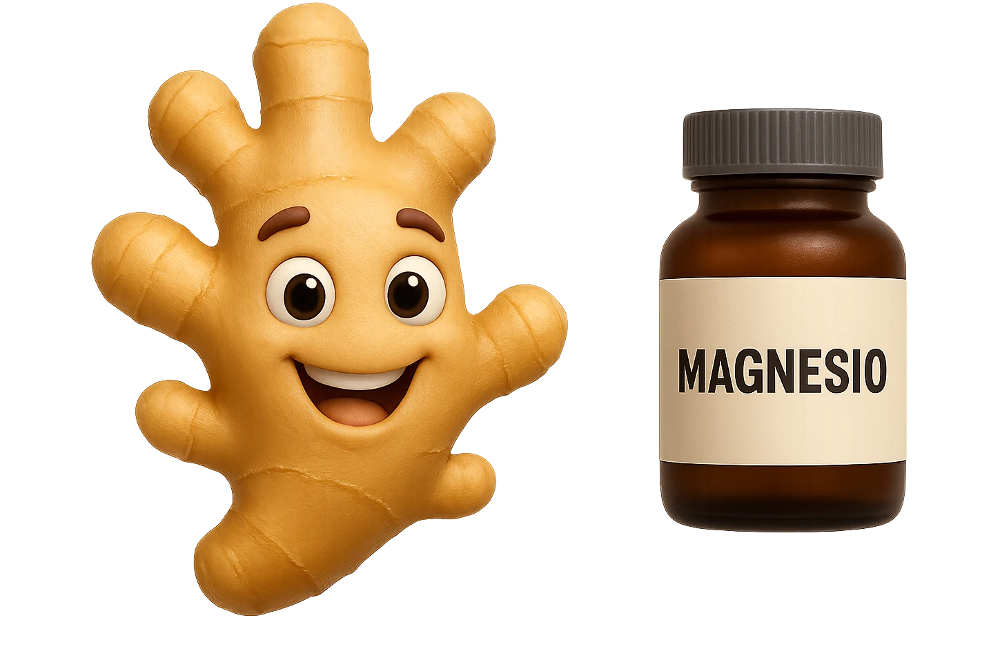 emoji stile iphone 3d di un pezzetto di zenzero e una boccetta di magnesio con la scritta "MAGNESIO" SULL'ETICHETTA CHE FLUTTUANO IN ARIA, iperrealistico 4k emoji