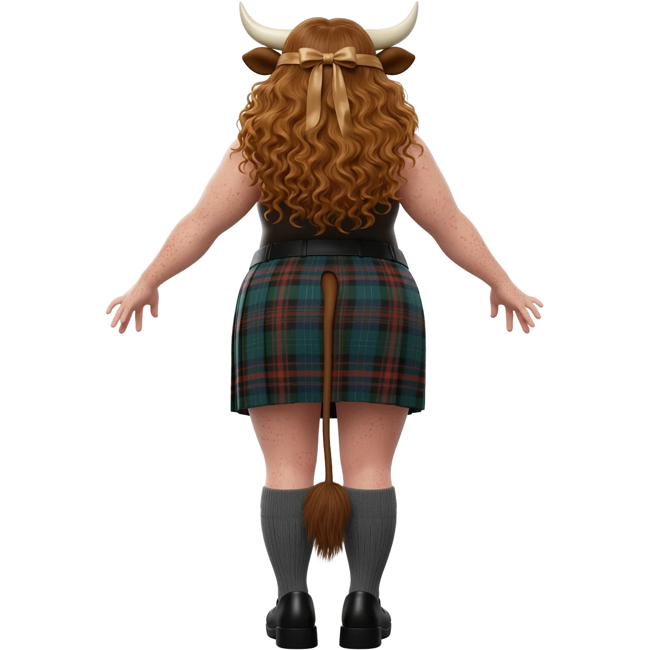 buff curly woman with freckles with messy light brown hair with cow horns and cow brown ears with ribbon in her hair bends over standing on her hands with her big butt up high in a very short scottish kilt with a brown cow tail with strong thighs and knee socks and black shoes, rear view emoji