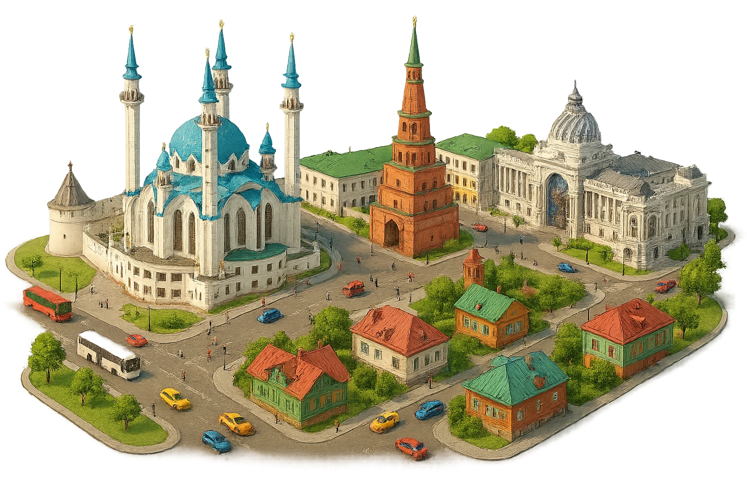 Изометричная миниатюрная фотореалистичная 3D модель панорамы Казани - Казанский Кремль, Кул-Шариф, Башня Сююмбике, Дворец земледельцев, казанские дома, автотранспорт четкие линии, яркие цвета, мультяшный реализм, люди, автотранспорт, компактная композиция, вид сверху в изометрии, прозрачный фон emoji