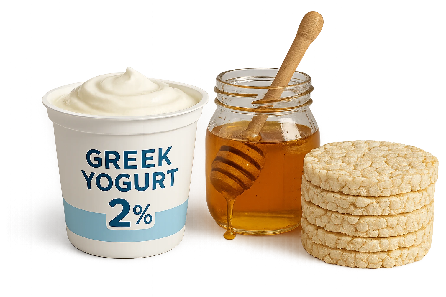Yogurt Greco 2%
Miele
Gallette di Riso
vista frontale, iperrealistico 4k emoji
