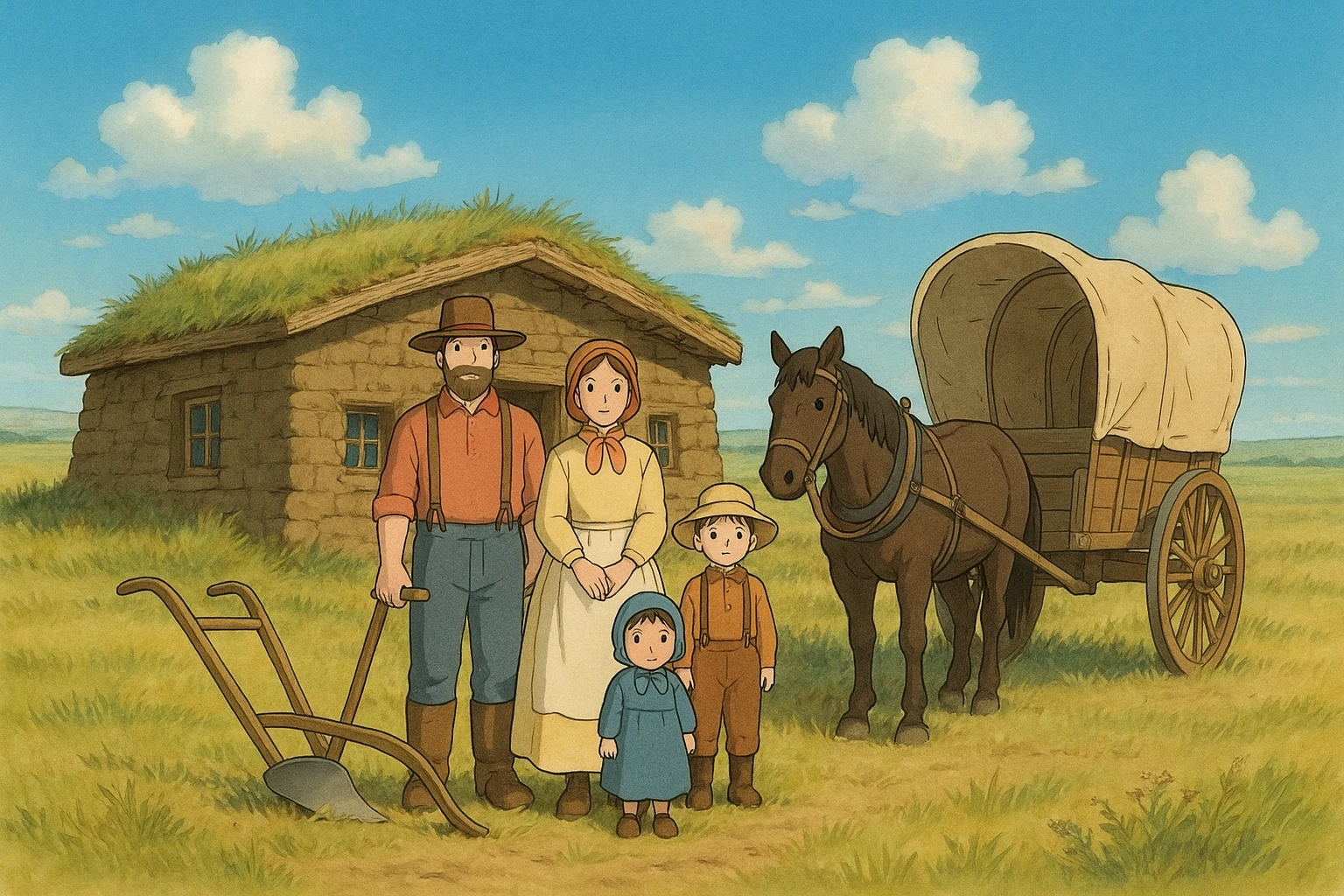 A pioneer family on the great plains from the 1840s standing in front of a sod house with their horse and wagon and a basic plough emoji
