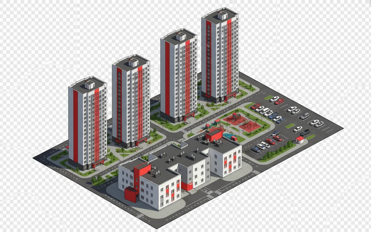 Изометричная, яркая, детализированная, объемная и фотореалистичная отдельная иллюстрация Манхэттен-2 в Челябинске. Чёткие контуры, не размазанные линии, высокое качество, прозрачный фон, не обрезать края картинки emoji