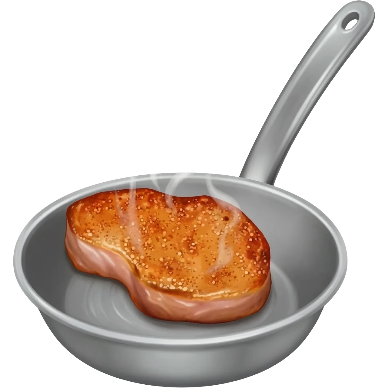 pork chop sizzling in a silver aluminum frying pan, food emoji, 3D style emoji