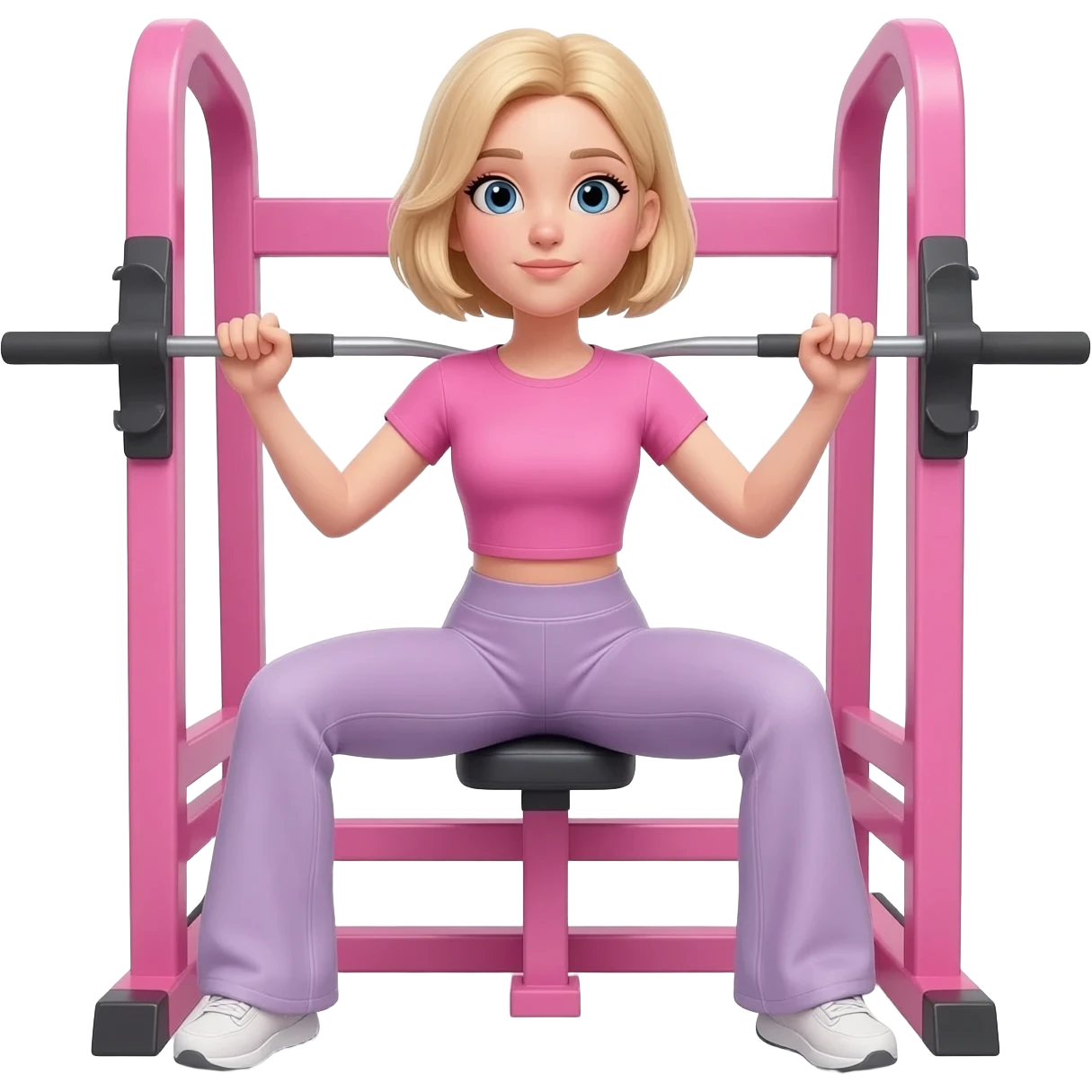 A girl wearing a pink workout set which is fitted tshirt pink, and wide leg leggings that are flowy on a hip trust on smith machine that is pink the girl is blond emoji