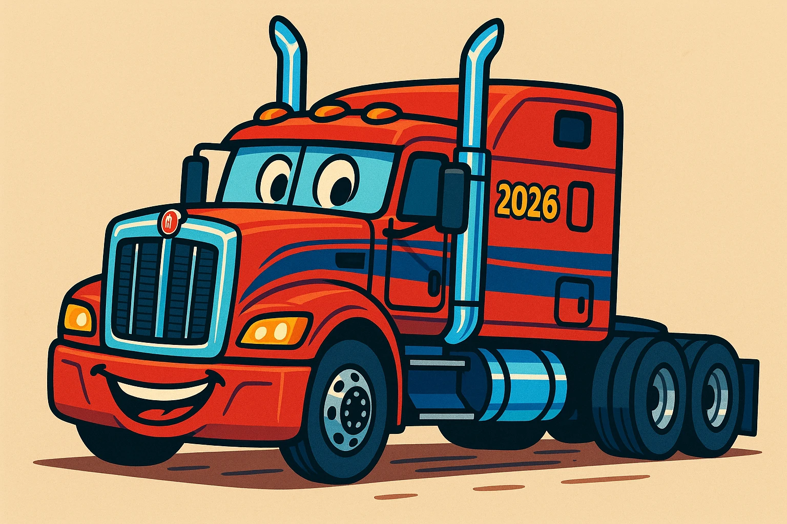 cartoon semi truck 2026 Kenworth W680 flattop sleeper with chrome stacks, cheerful and dynamic emoji
