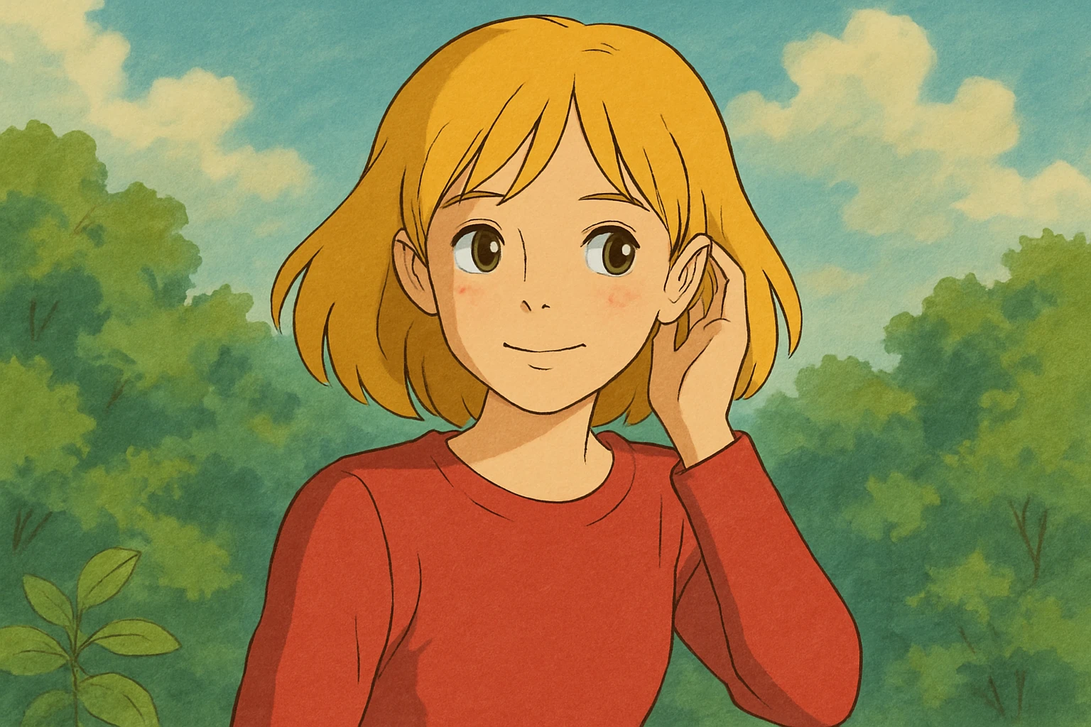 A girl yellow hair brown eyes red Just Cool Women's Long Sleeve Cool T-Shirt touching  to the ear emoji