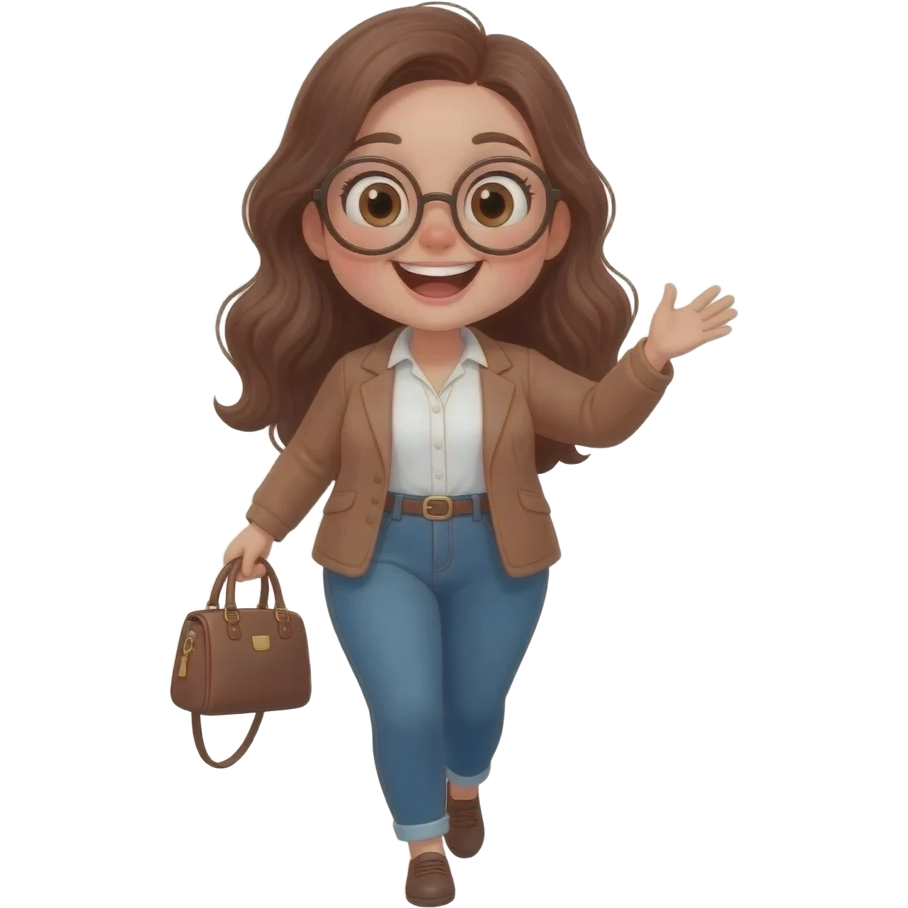 detailed emoji illustration of a curvy woman with long chestnut brown wavy hair, big light brown eyes and round glasses walking to a bookstore, carrying a handbag, happy and excited expression, cute emoji style illustration emoji
