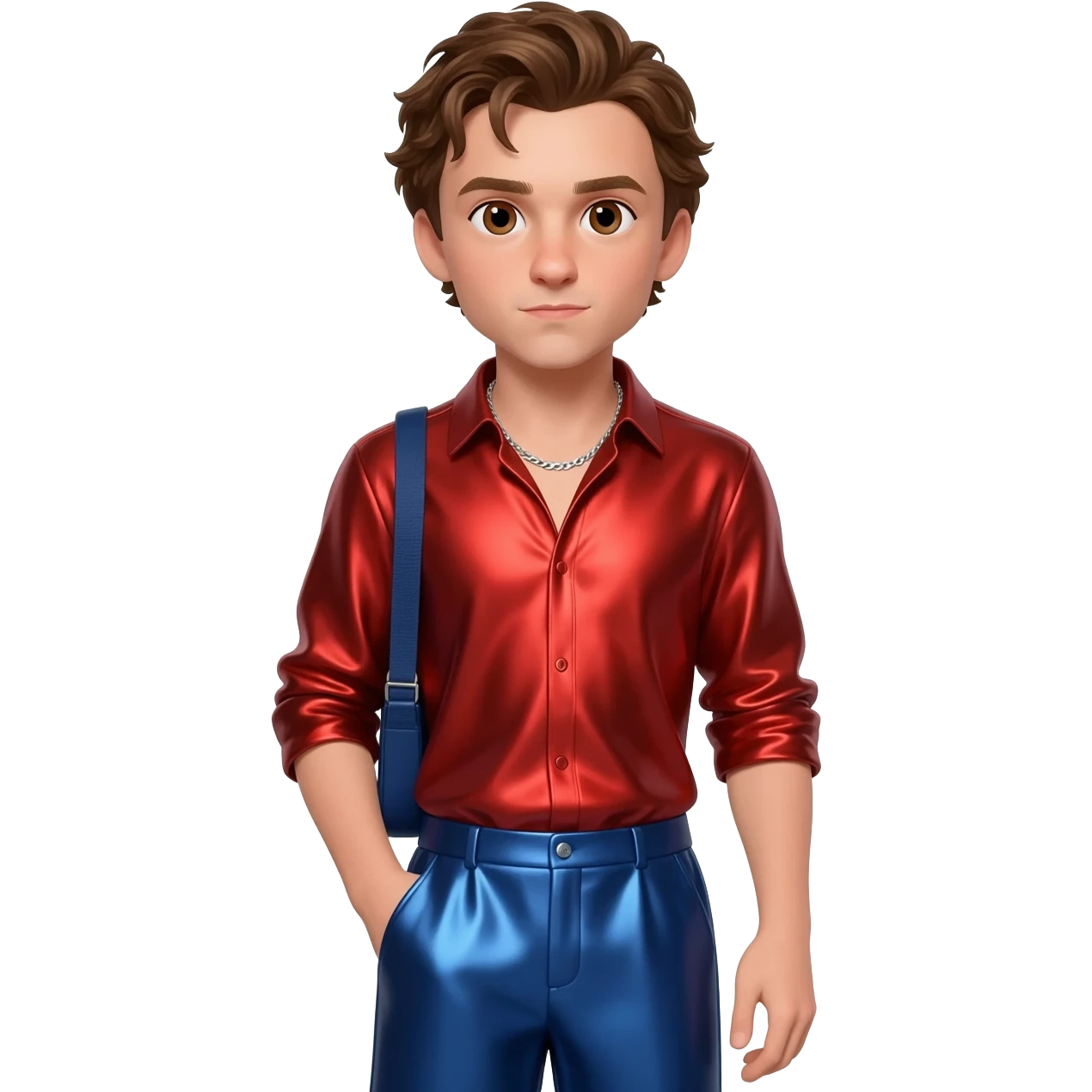 Tom Holland with brown eyes, brown hair, red metallic shirt, indigo metallic baggy pants, silver necklace emoji