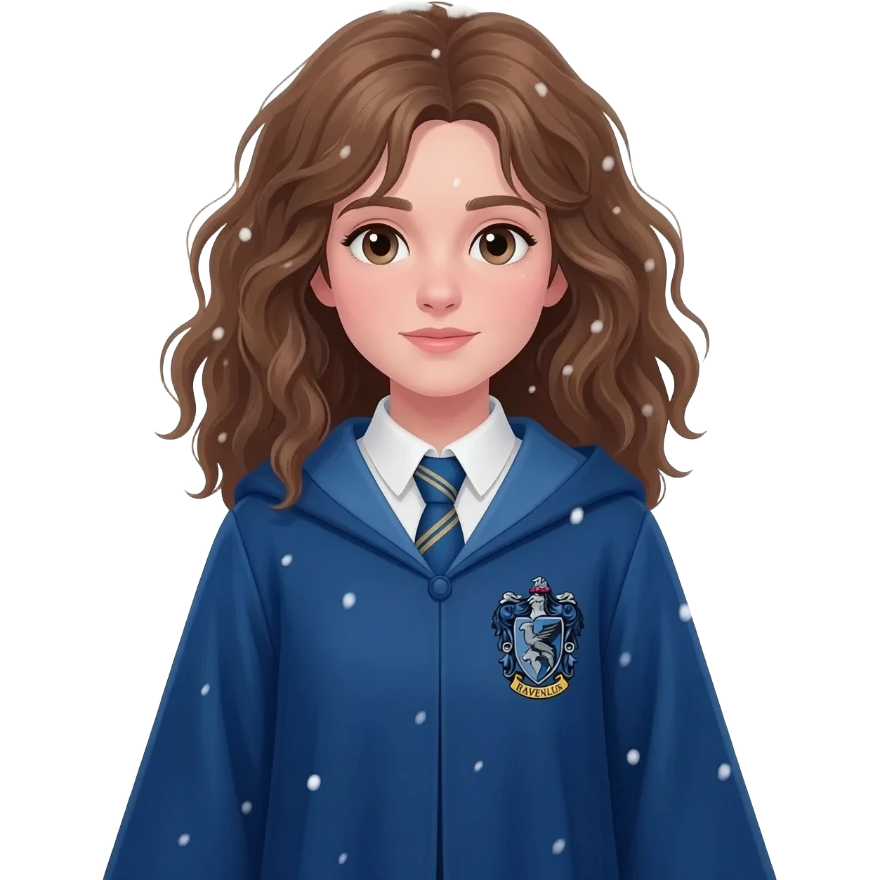 a girl with messy wavy hair in a blue Ravenclaw robe, she's standing in the snow emoji