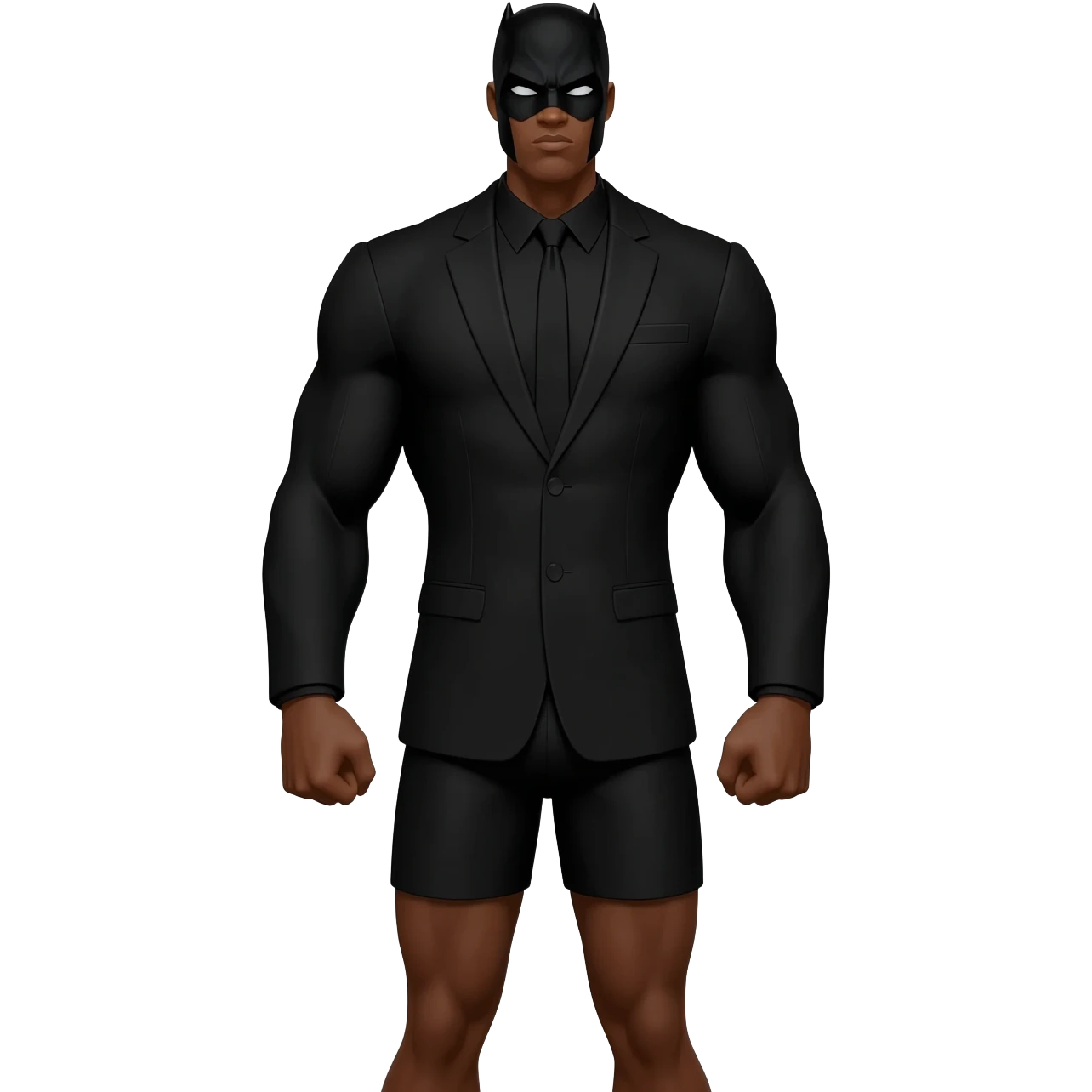 Superhero black male black dress suite black shorts hair looks superstrong big arms full body emoji