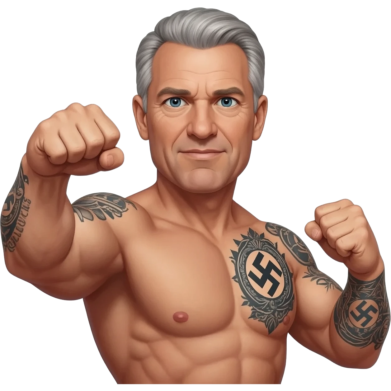 secretary of war Pete Hegseth with Grey hair shirtlesswith nazi tattoos in a realistic style, powering up like a super hero in a photo realistic unflattering style emoji