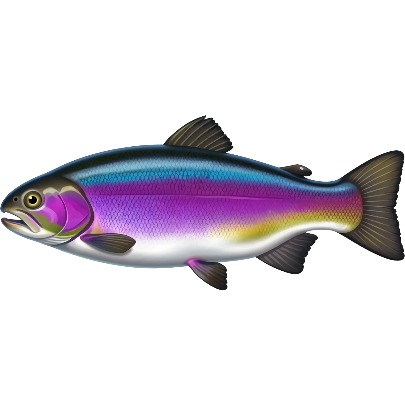realistic rainbow trout fish bright saturated purple blue green yellow white with scales and black speckles emoji