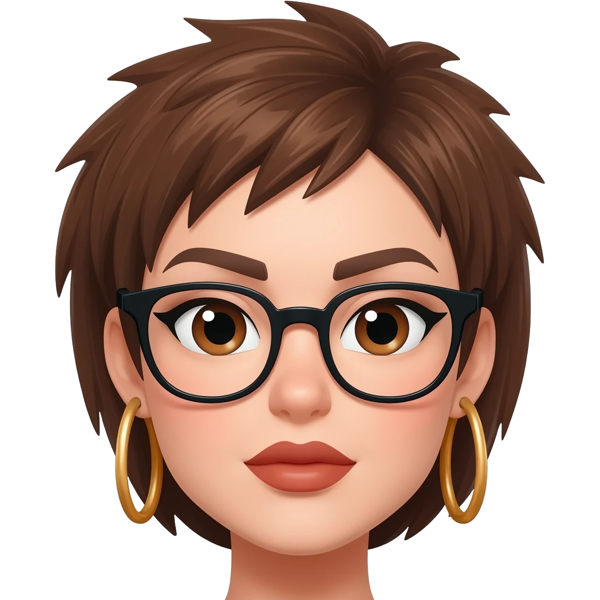 Female very very short brown hair few spikes brown eyes hoop earrings hoop earrings glasses full lips emoji
