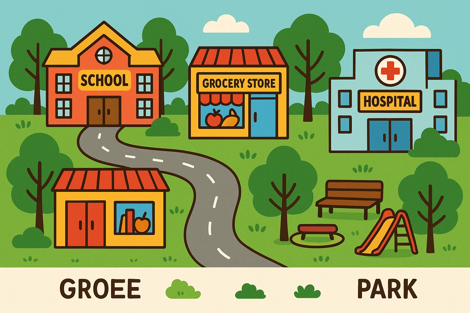 English learning material: vibrant cartoon style illustration of common places in town, labeled, with a road and trees emoji