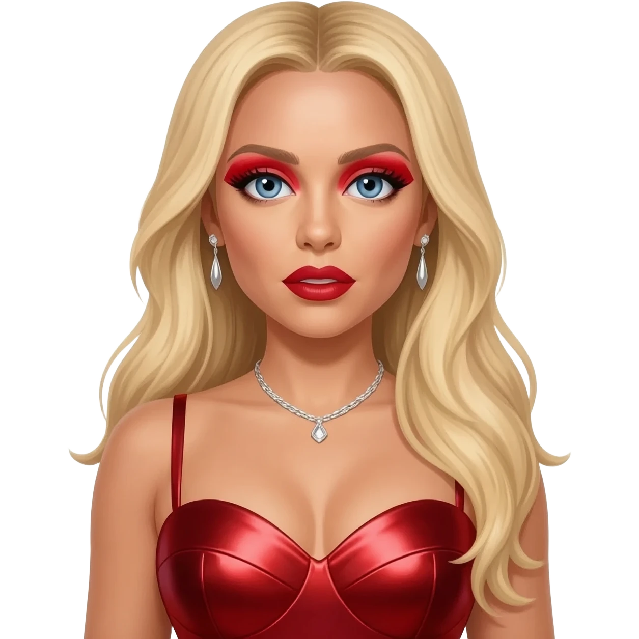 Christina Aguilera with blue eyes, long blonde hair, red eyeshadow and lipstick, red metallic sweetheart dress, silver necklace and earrings emoji