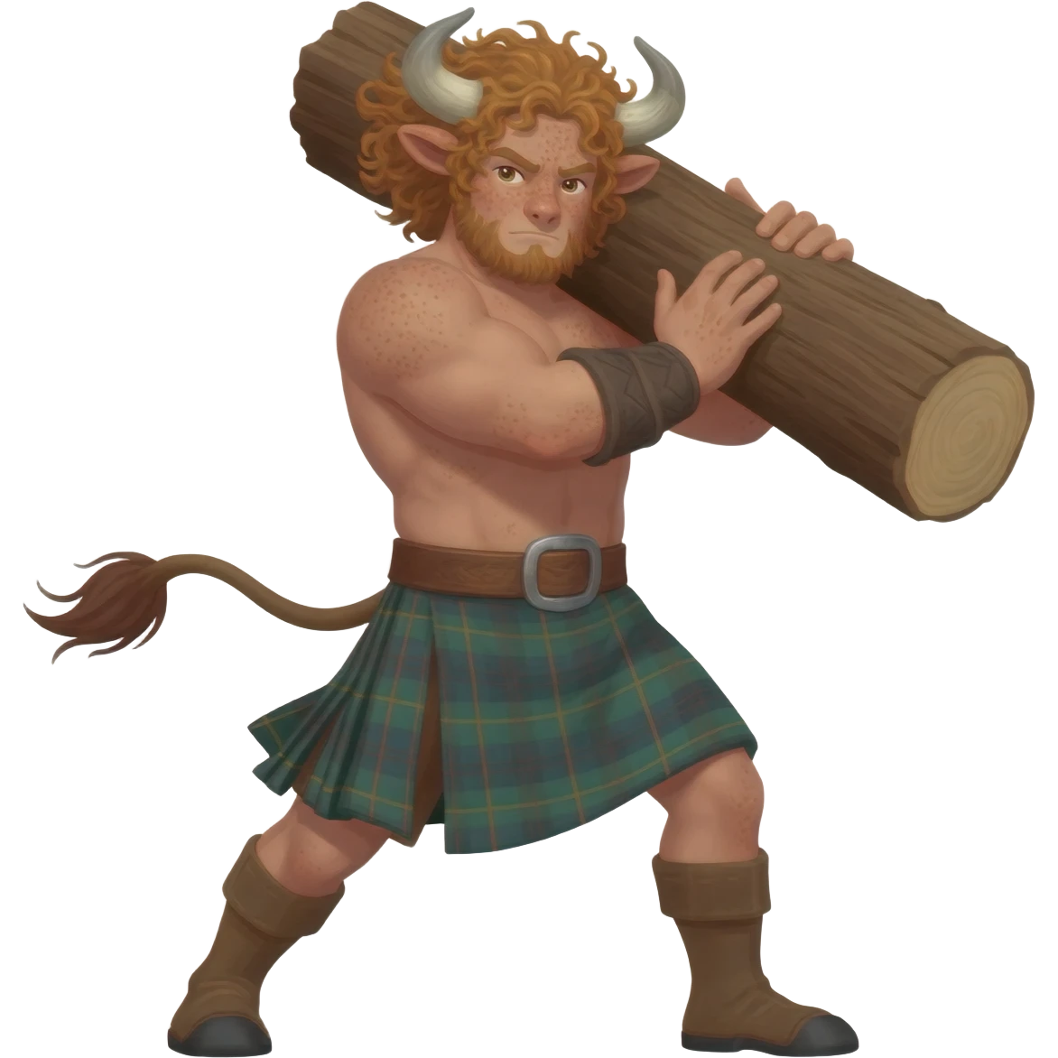 buff curly hairy man with freckles with messy light brown bangs that covers his face completely with bull horns and bull ears and bull tail dressed in kilt lifting large log with wind in his hair with belt around his chest emoji
