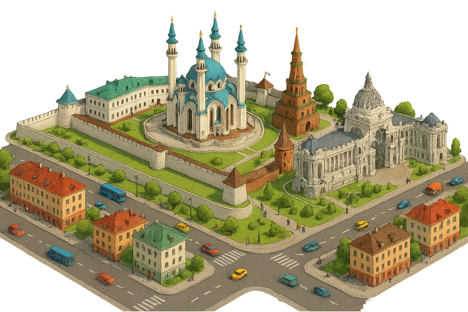 Изометричная миниатюрная фотореалистичная 3D модель панорамы Казани - Казанский Кремль, Кул-Шариф, Башня Сююмбике, Дворец земледельцев, казанские дома, автотранспорт четкие линии, яркие цвета, мультяшный реализм, люди, автотранспорт, компактная композиция, вид сверху в изометрии, прозрачный фон emoji