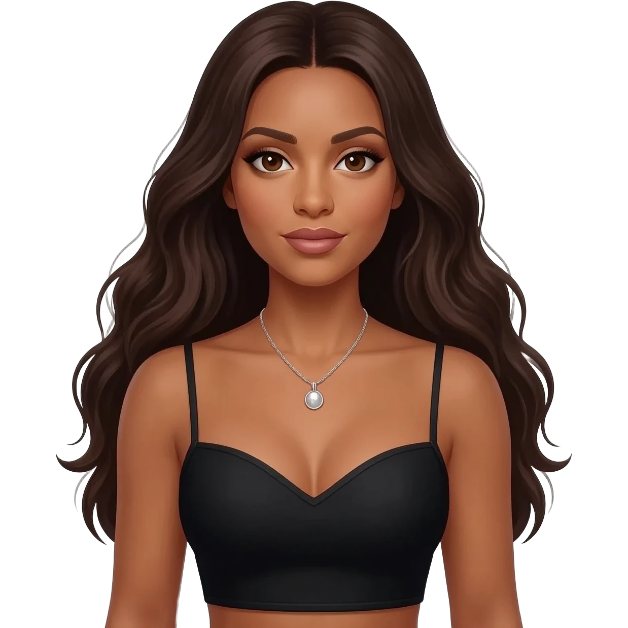 Aaliyah with brown eyes, long dark brown hair, black sweetheart crop top, silver necklace emoji