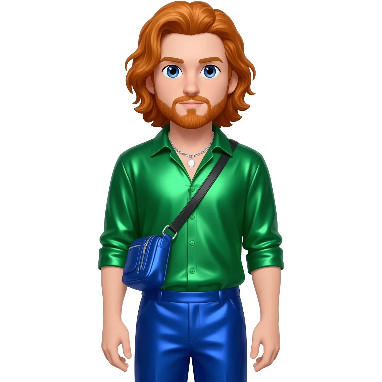 Ryan Dunn with blue eyes, long reddish blonde hair and short beard, green metallic shirt, cobalt blue metallic baggy pants, silver necklace emoji