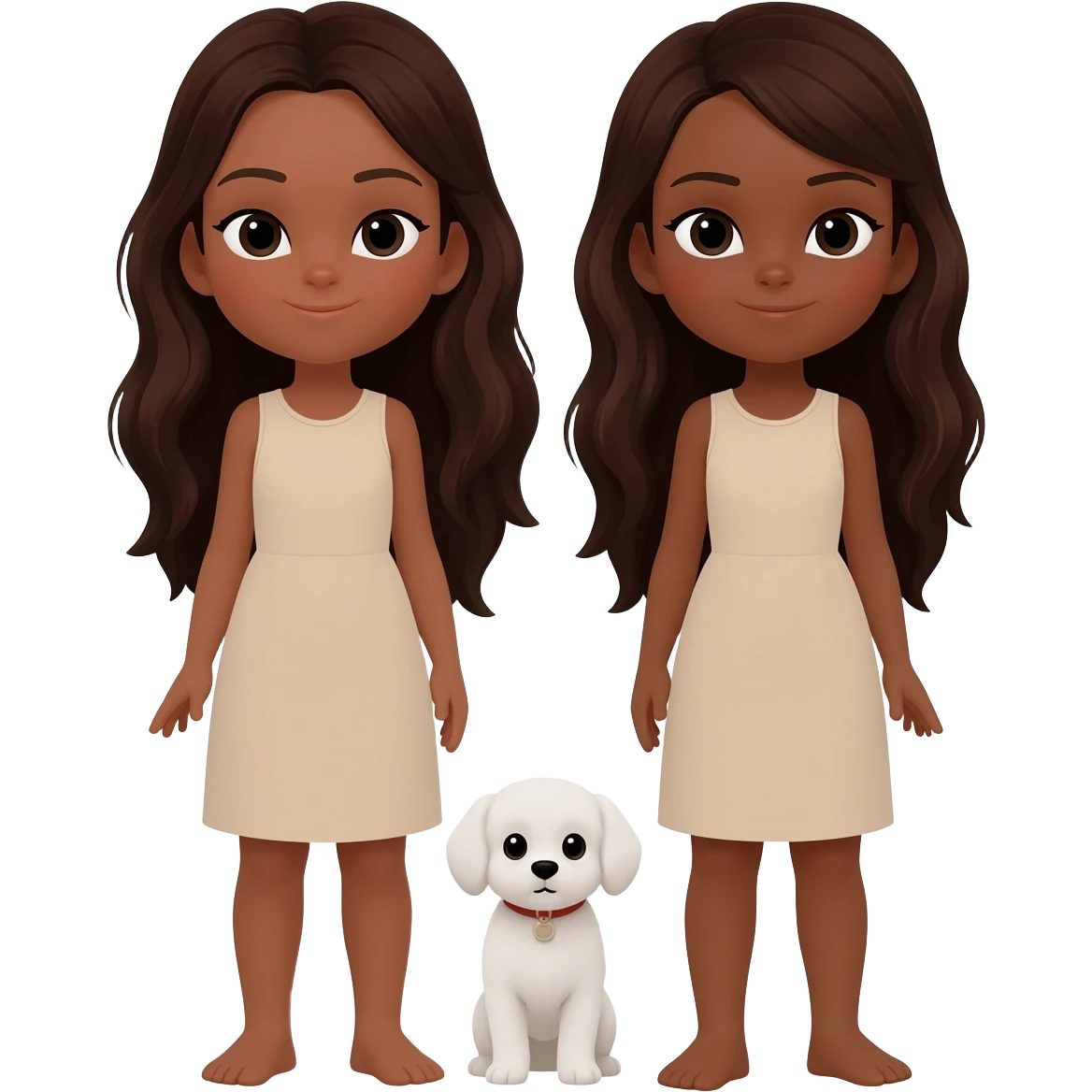two identical girls both with very dark long brown hair and darker beige ish skin with a white dog small dog emoji