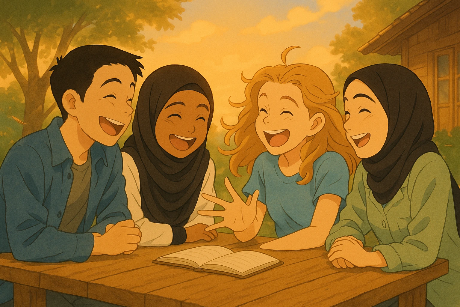 Continuation of the image: The whole group is laughing together, a gentle breeze blowing, joyful atmosphere, original faces preserved as much as possible, in Ghibli style, same outdoor setting. emoji