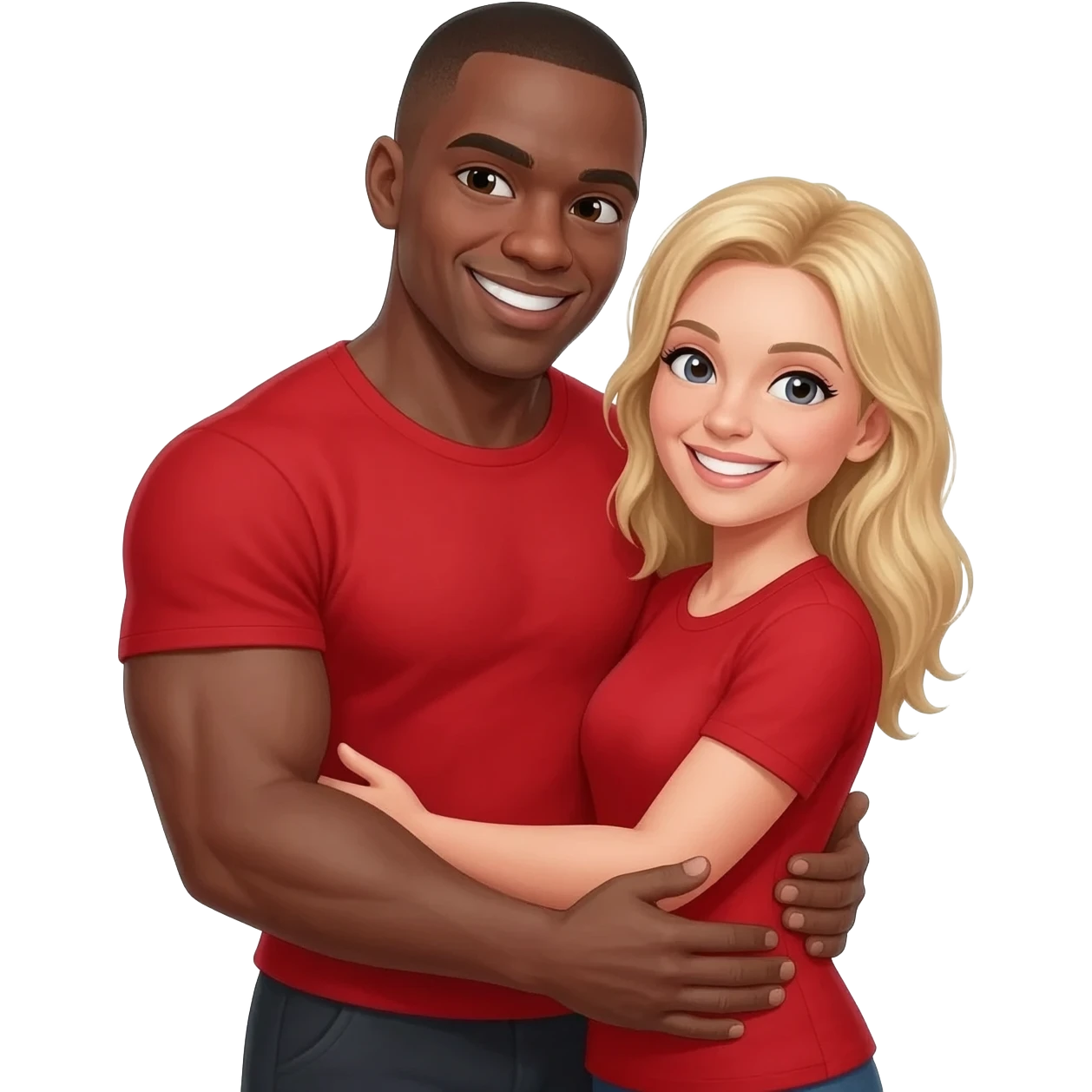 Black man with shaved head in red t shirt hugging blonde woman in red t shirt emoji