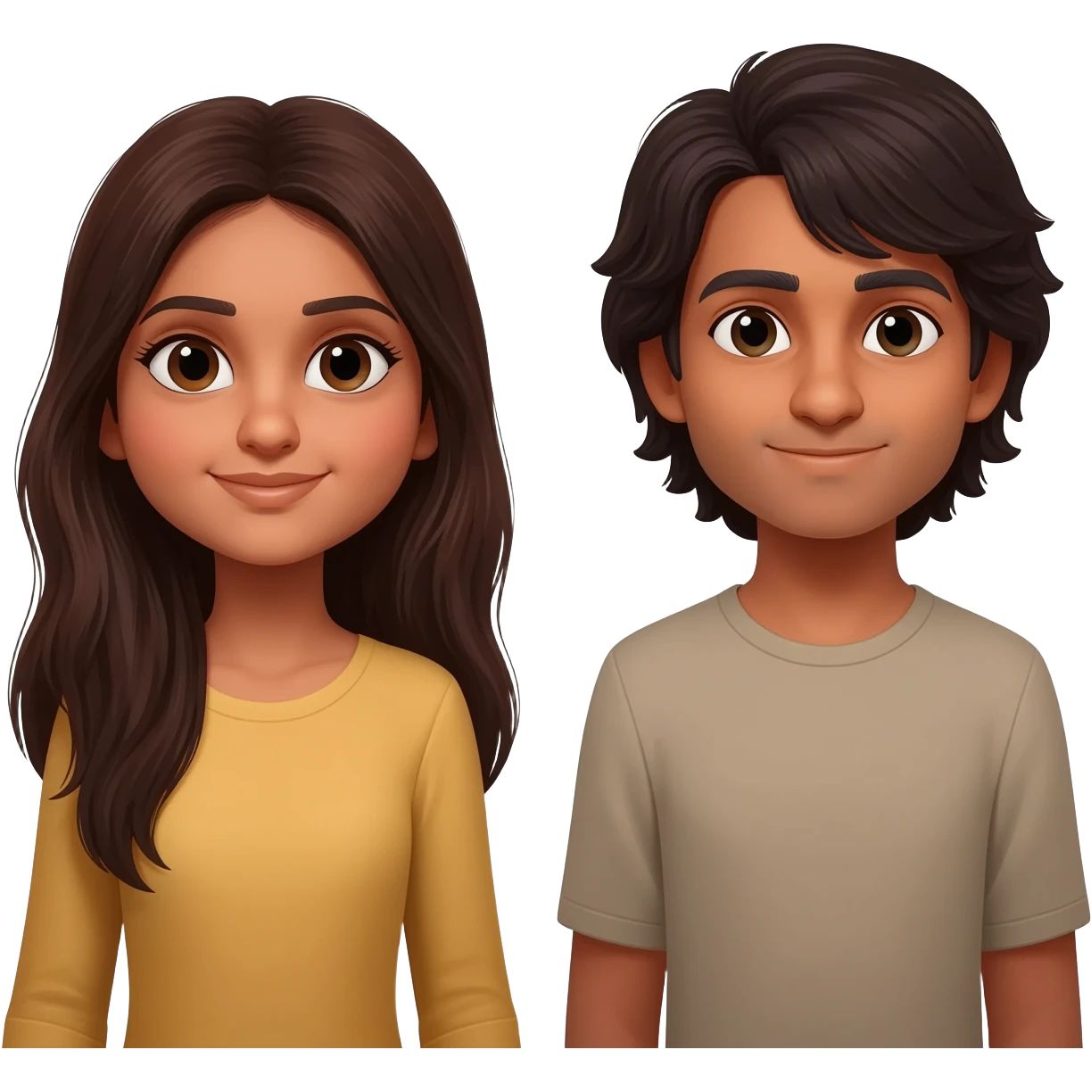 Two friends with dark brown hair Indian skin one has long hair one has shoulder length hair and a bit longer emoji