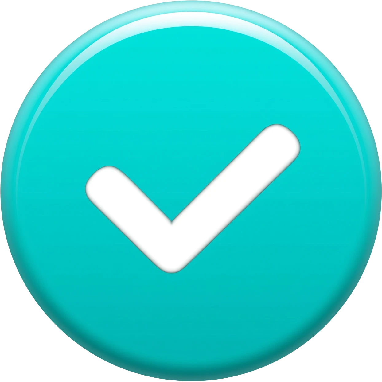 Minimalist emoji icon, bright turquoise circular button with a white check mark symbol in the center, flat design, soft gradient, glowing edges, modern app UI style, centered, high resolution, clean vector graphic. emoji