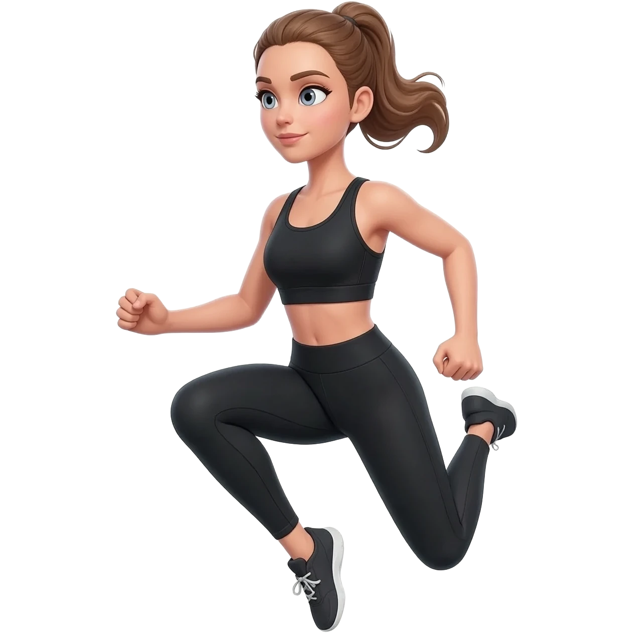 jumping jacks, fair-skinned woman, light gray-blue eyes, ash brown brows, ash light brown hair tied back, slim athletic body, black workout set emoji