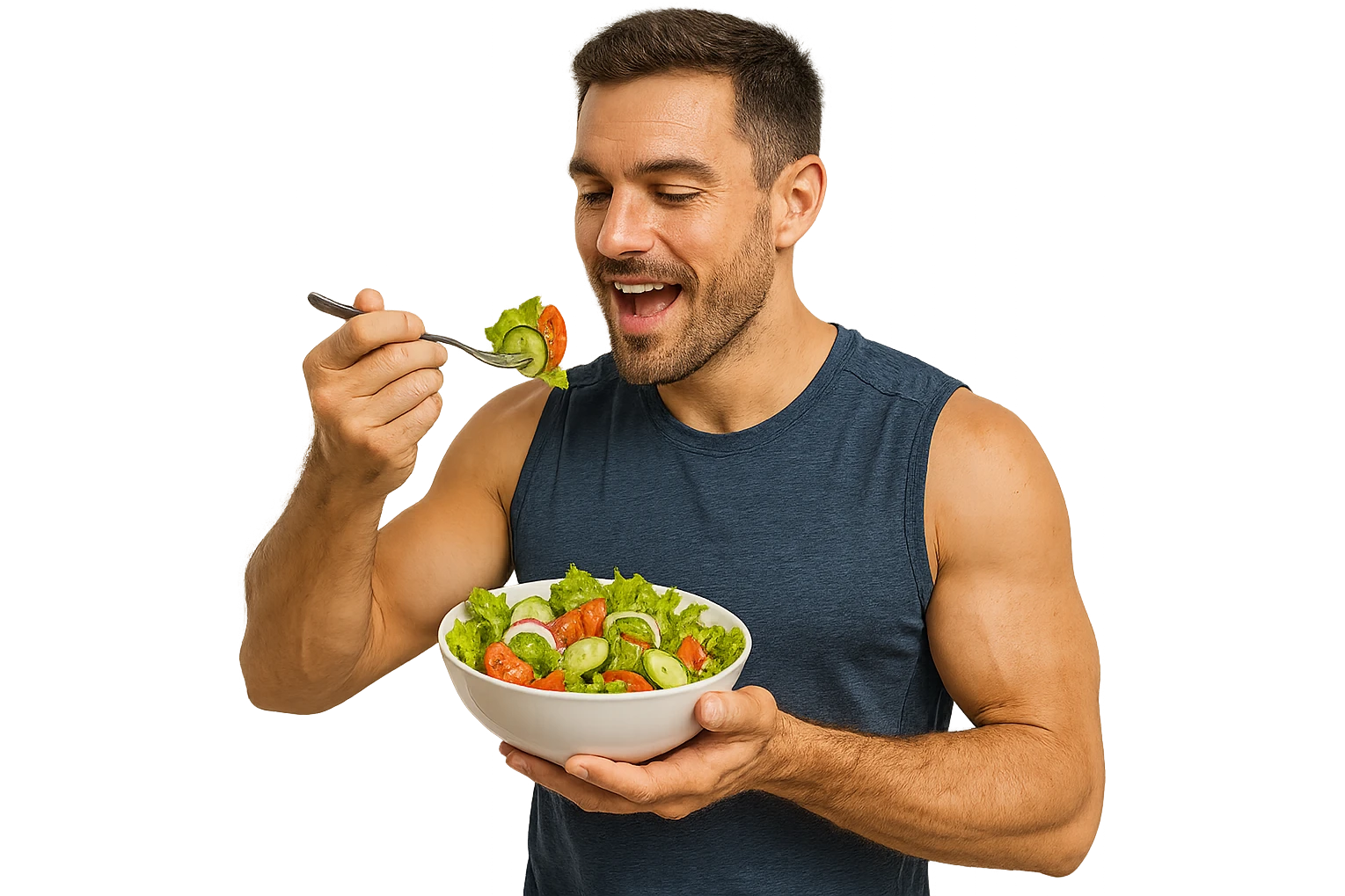 uomo fitness che mangia insalata accanto a uomo identico esteticamente che corre, iperrealistici 4k emoji