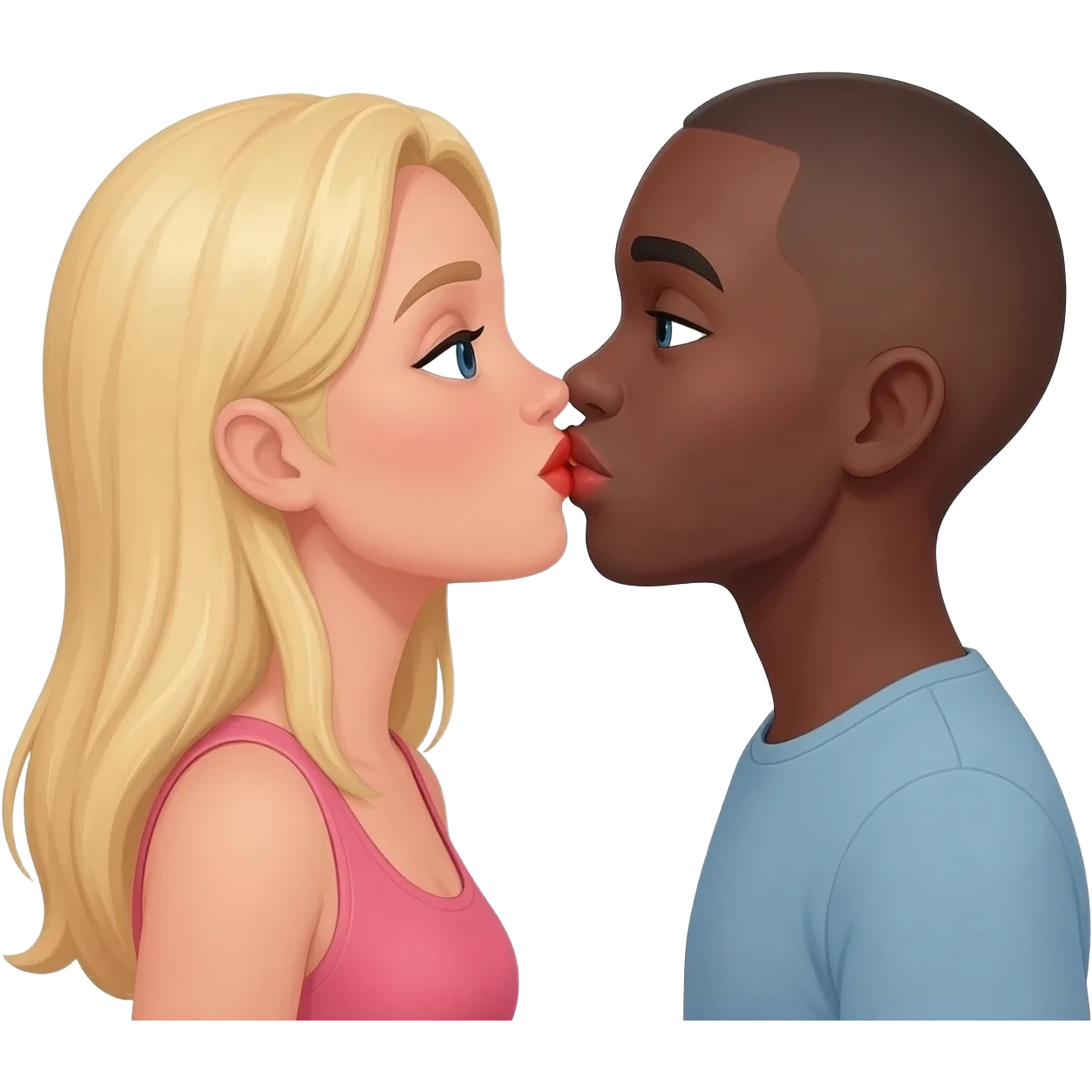 Blonde woman kissing black man with shaved head on the lips emoji