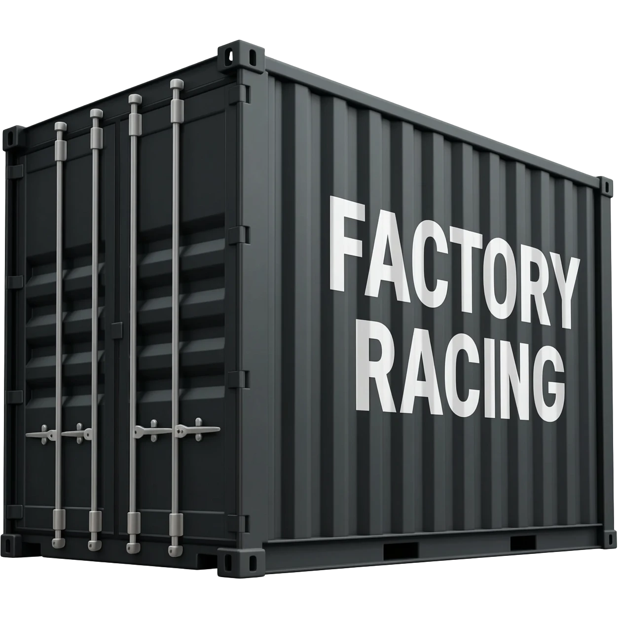 black shipping container with block white text that says factory racing in capitals, side profile of the container showing its width emoji
