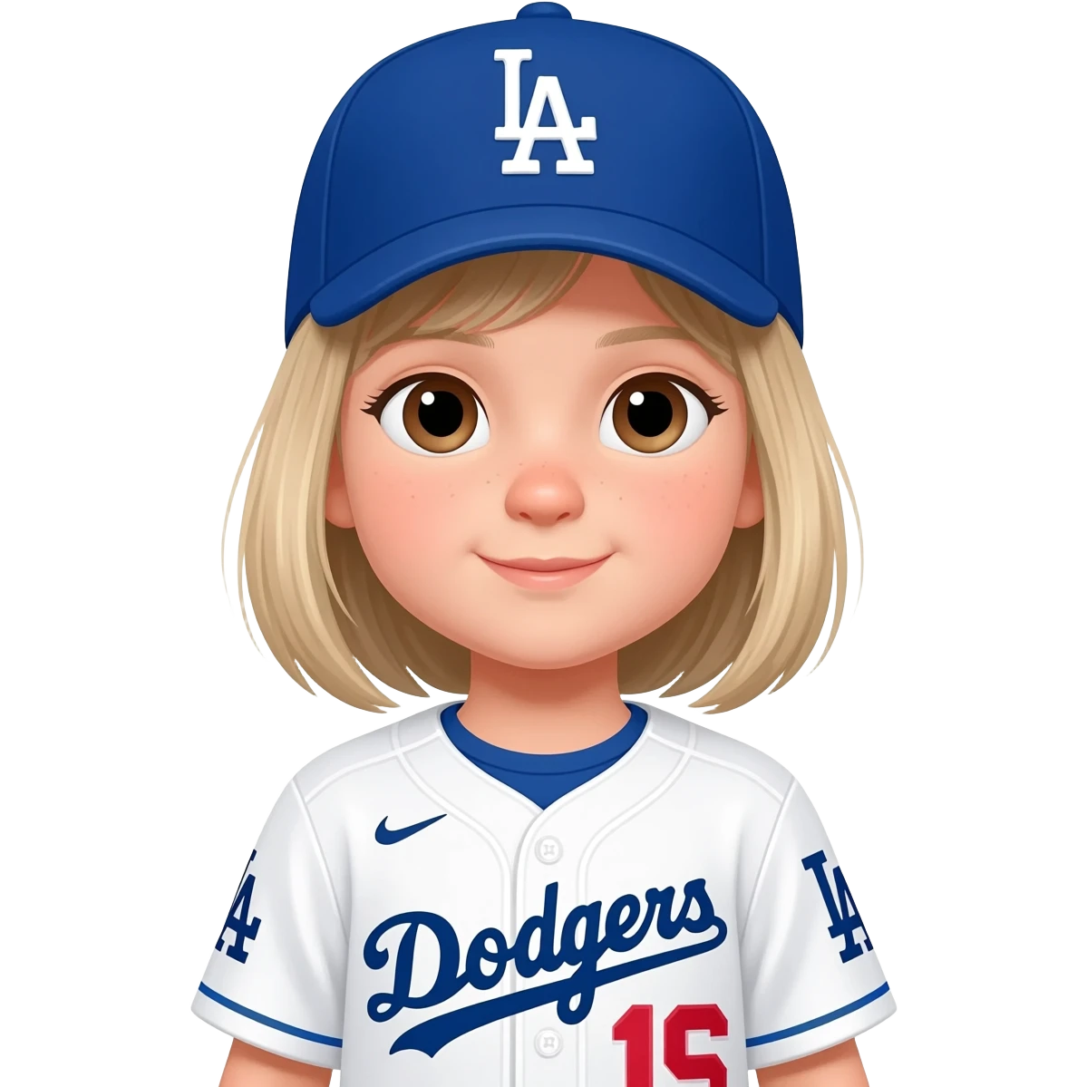 toddler girl in a dodgers uniform with baseball cap whiter blonde hair brown eyes emoji
