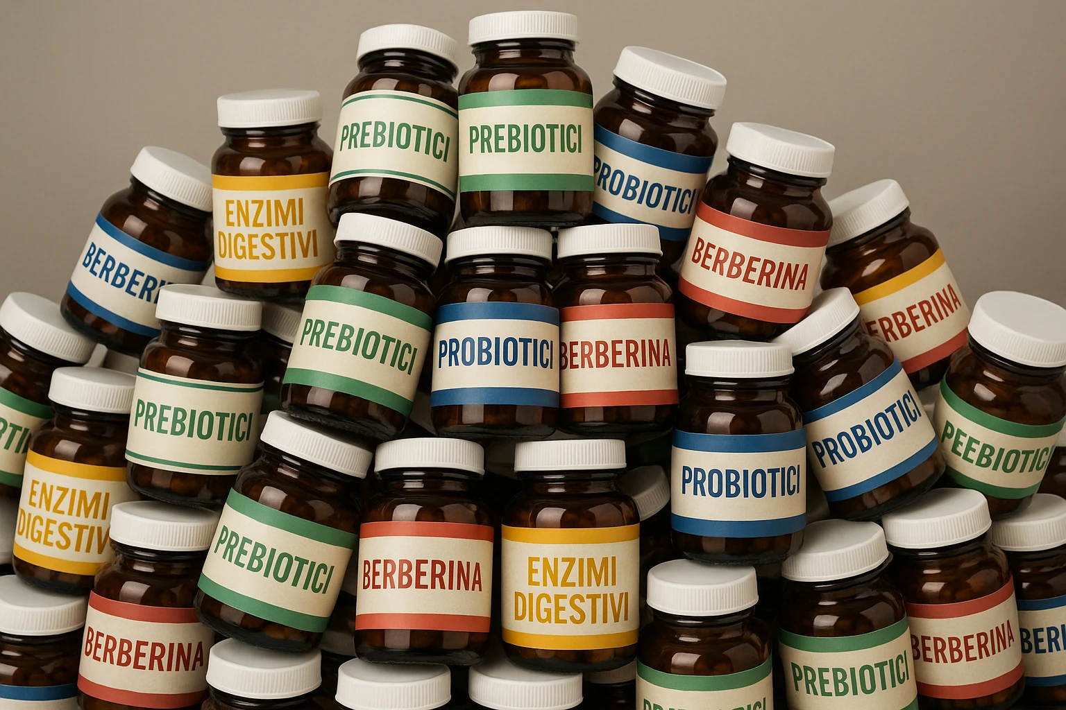montagna di barattoli di integratori tipo "ENZIMI DIGESTIVI", "PREBIOTICI", "PROBIOTICI", "BERBERINA" con etichette in italiano emoji