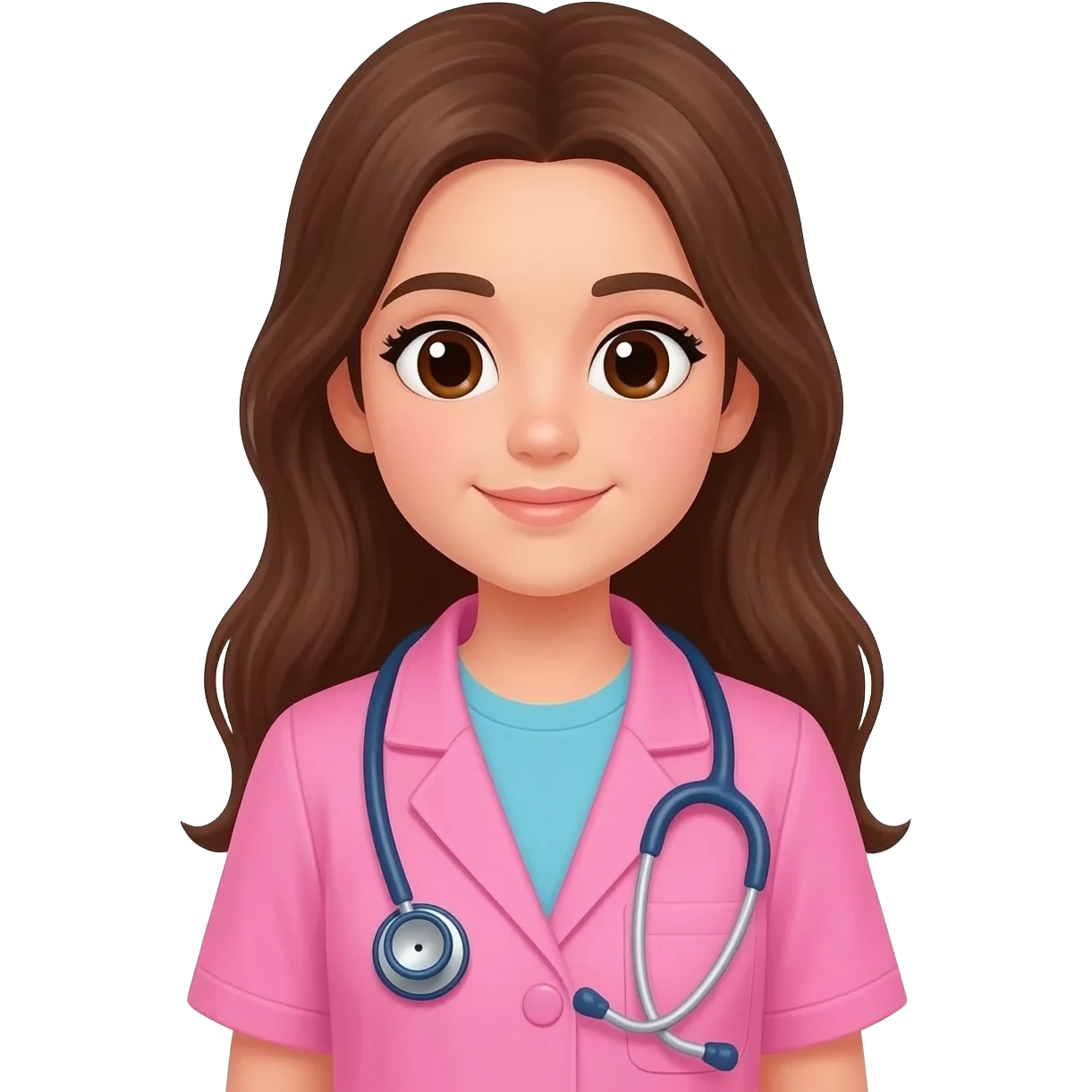 A girl veterinarian with long brown hair in a pink coat with a stethoscope emoji