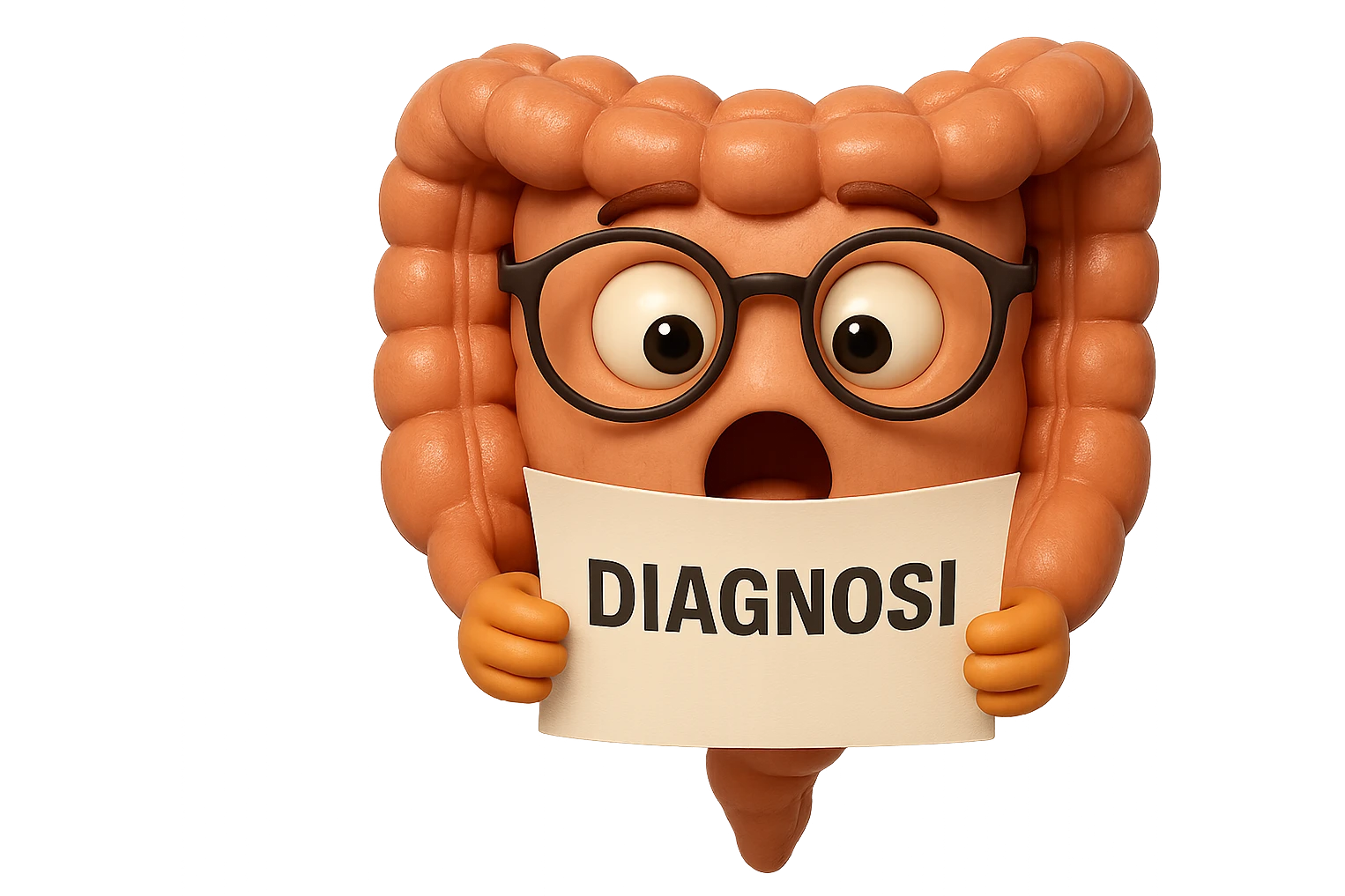 EMOJI STILE IPHONE DI UN INTESTINO CON GLI OCCHIALI CHE LEGGE UN FOGLIO CON LA SCRITTA DIAGNOSI, ESPRESSIONE STUPITA IN VOLTO, IPERREALISTICO 4K emoji