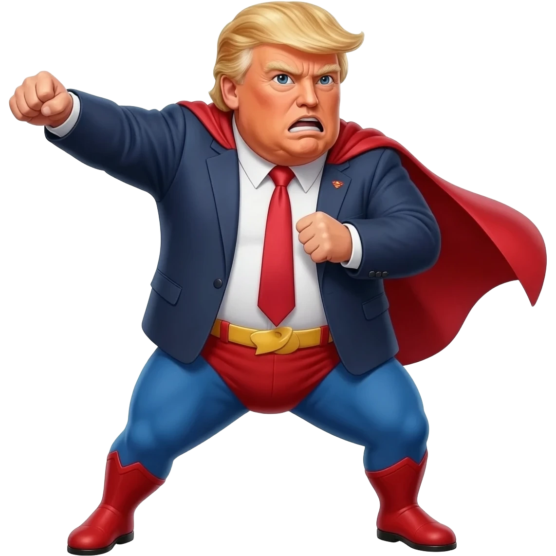 an angry old and fat President Donald Trump in a realistic style, even more realistic and not cartoonist at all, make it un flatering, real life photo, powering up for a super hero attack, full body, photo realism emoji