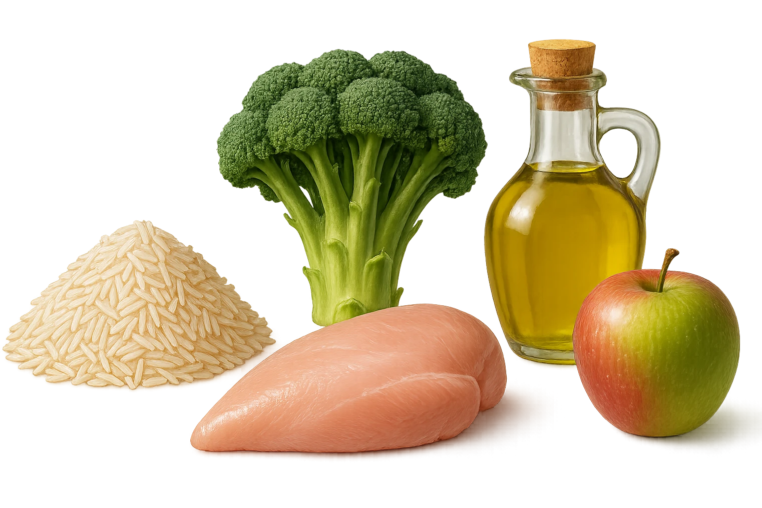 Riso basmati
Petto di pollo
Verdura fibrosa verde
Olio EVO
Mela
vista frontale, iperrealistico 4k emoji