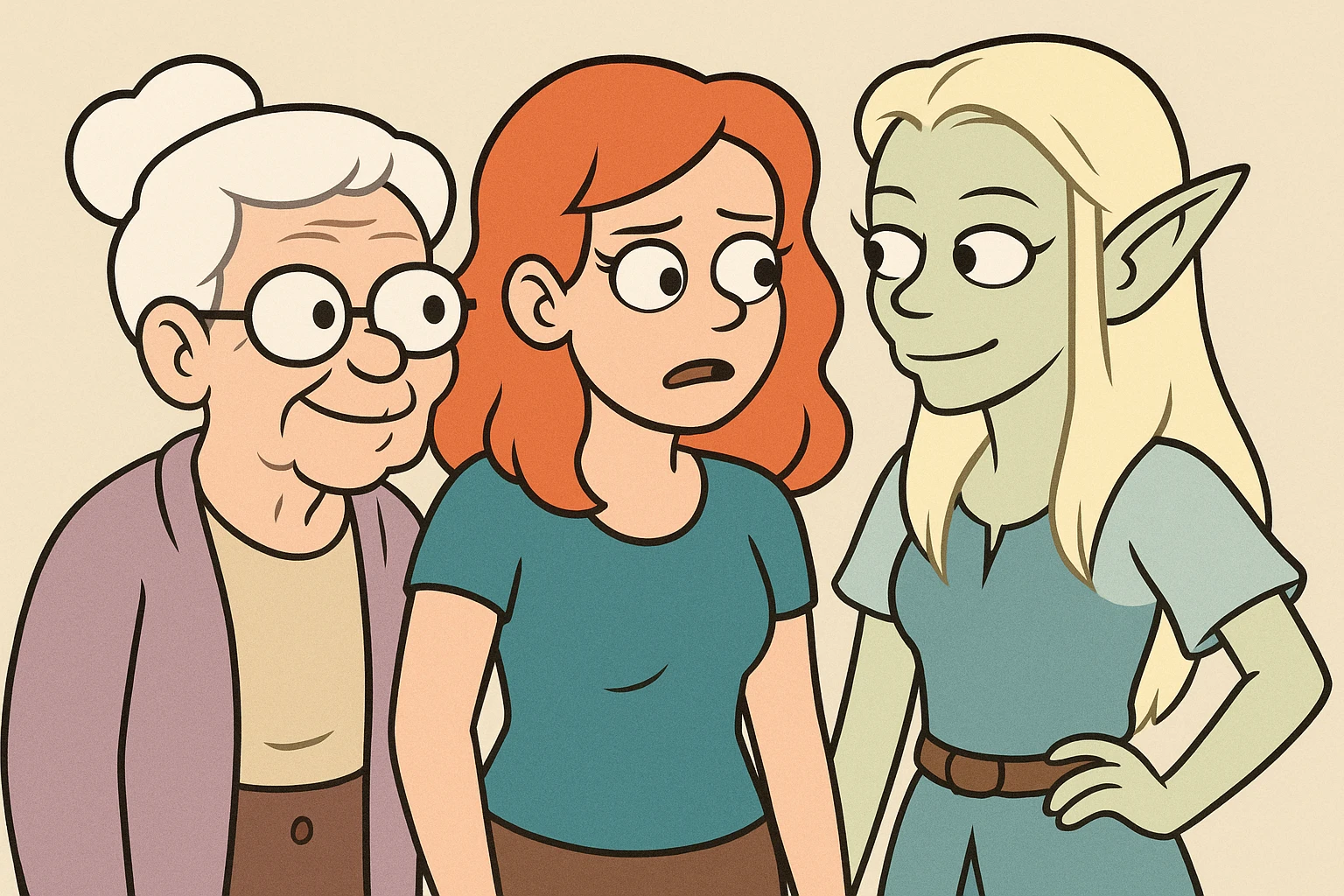 👵👩‍🦰🧝‍♀️ emoji