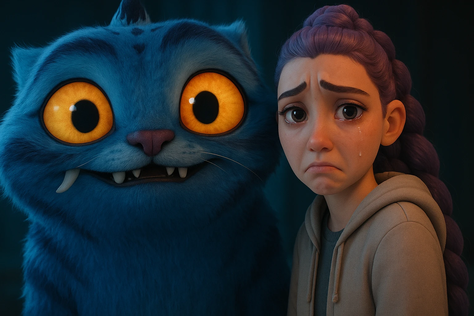 Change the girl's expression to sad with teary eyes and a downturned mouth, keep the style and character the same, only modify her eyes and mouth. emoji