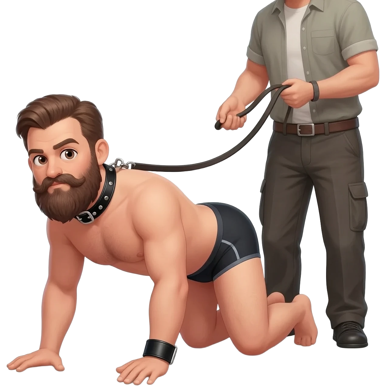 bald bearded man in underwear and a leather collar stands on all fours controlled by a man holding his leash emoji