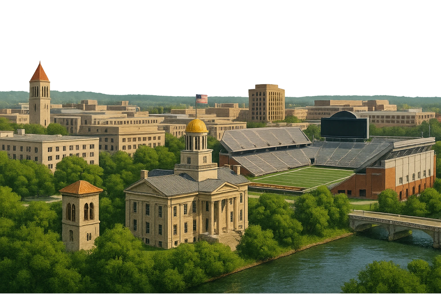cinematic realistic emoji of Iowa City wide city view with iconic landmarks Old Capitol Building Kinnick Stadium University of Iowa campus Iowa River lifelike detail accurate colors bright daytime lighting no sky no clouds no city name label transparent background emoji