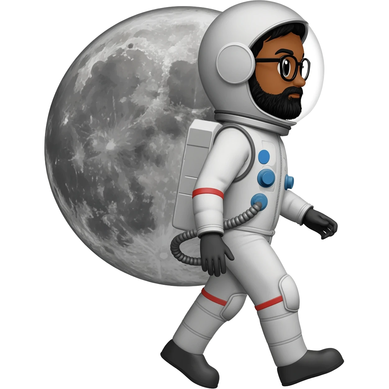 astronaut moon on back with helmet walking space brown skin, black eyes, glasses and beard  black hair show body emoji