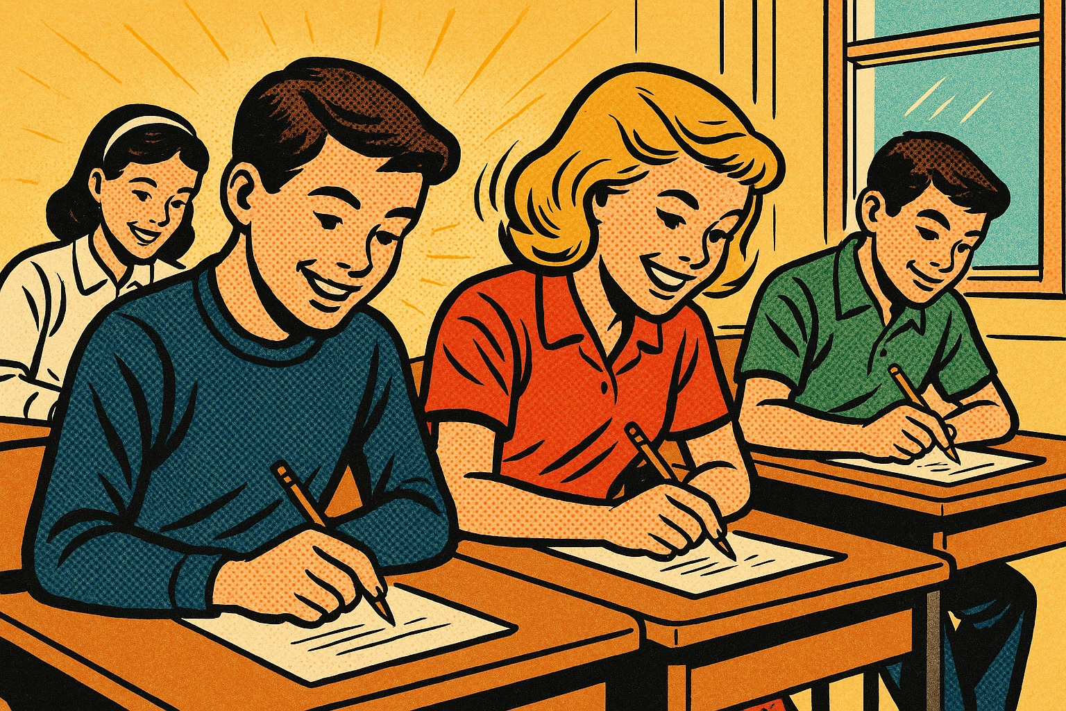 four students, two boys and two girls, taking notes in a bright classroom, comic book style emoji
