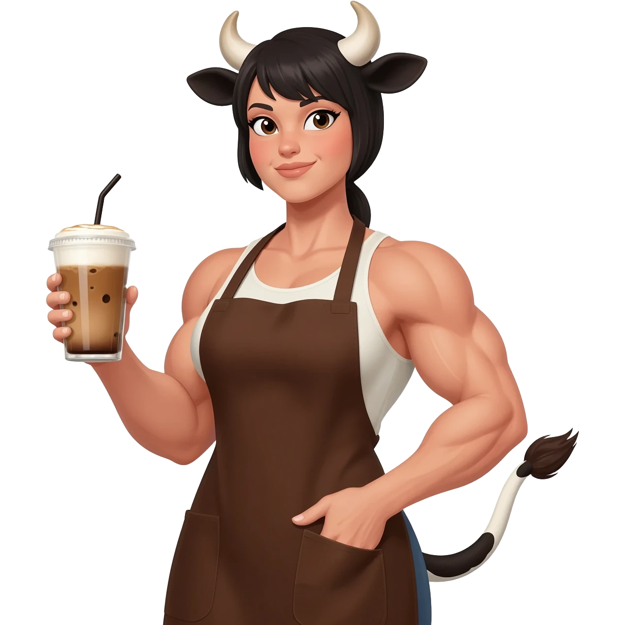big buff woman with extra large fat tits with cow ears and cow tail dressed like barista in brown apron with latte in his hand emoji