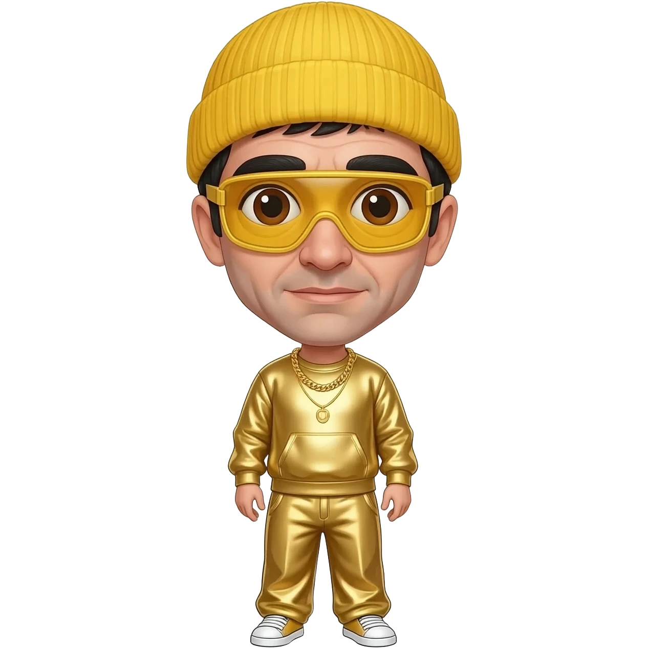 Sacha Baron Cohen with brown eyes, black short hair, yellow goggles, yellow beanie, gold metallic sweatshirt, gold metallic wide leg sweatpants, gold necklace emoji