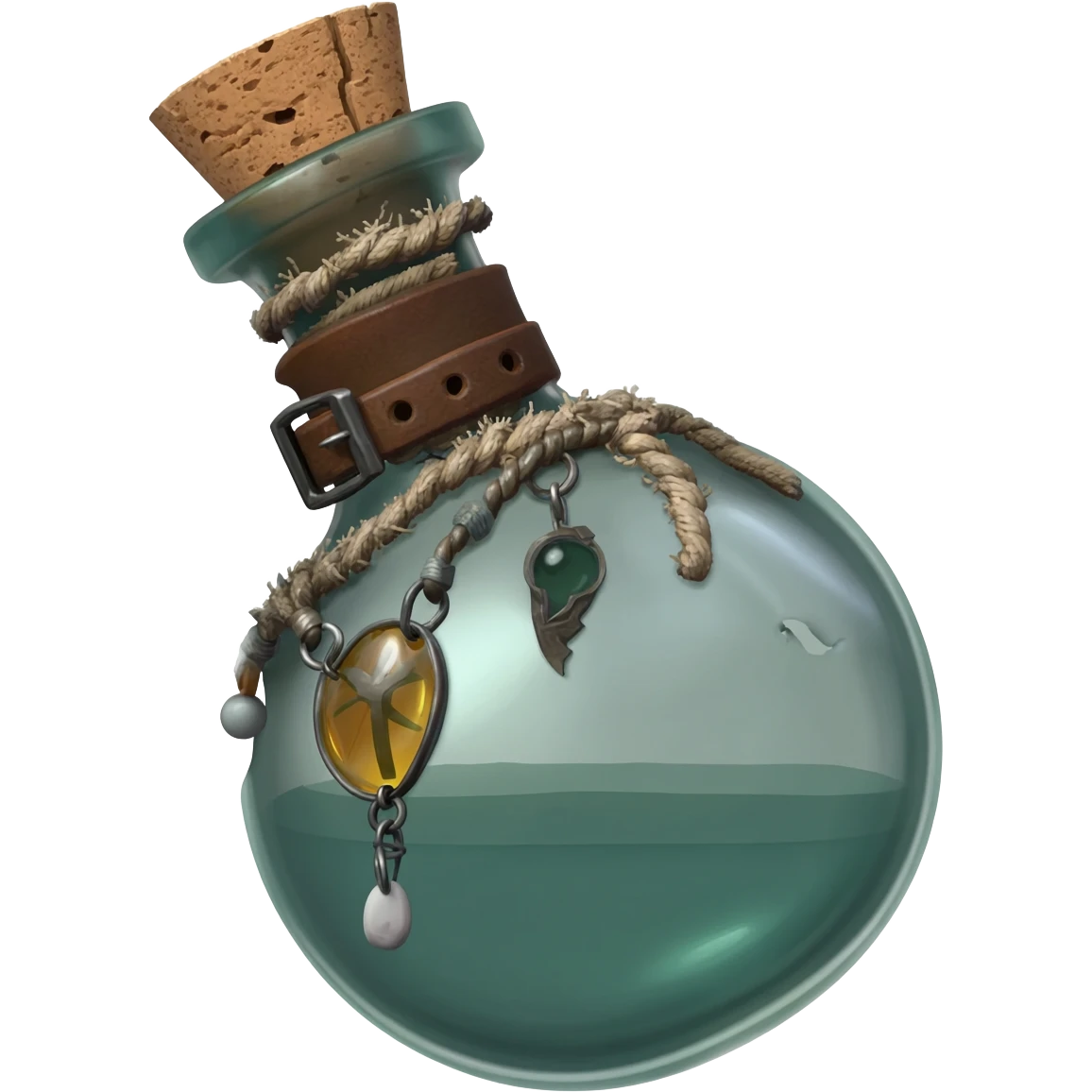 an empty round potion bottle a little rotated with a cork and decorations on the bottle like ropes and belts and random stuff emoji