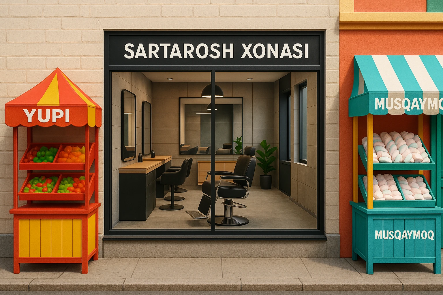 brohouse sartarosh xonasini chizib ber tashqaridan va uning yonida yupi va musqaymoq sotadigan lavkalar bulsin va sartarosh xona sal zamonaviyroq bulsin emoji